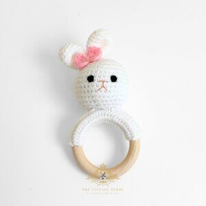 NWT Cute Handmade Crochet Bunny Baby Rattle Baby & Toddler Wooden Plush Toys